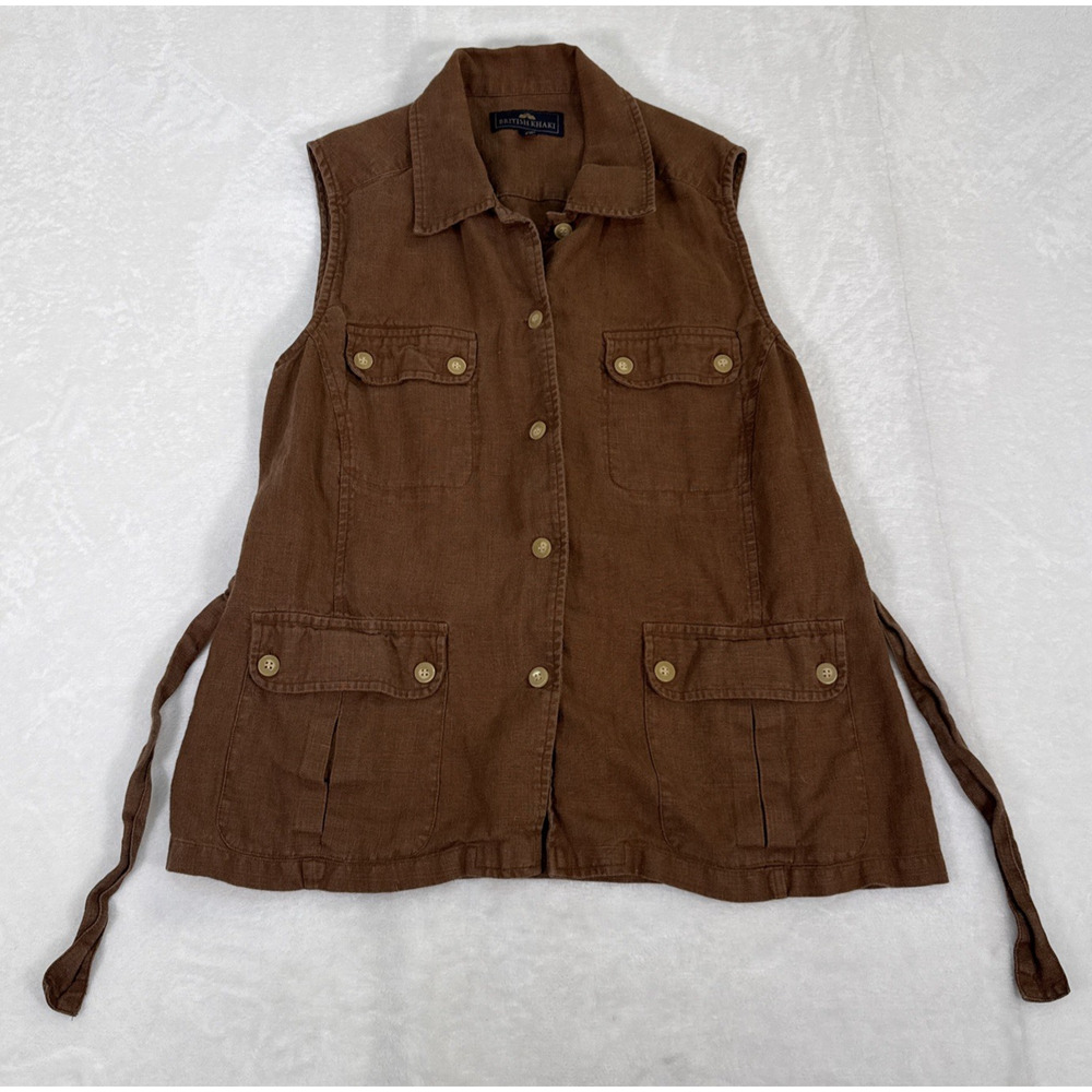 Vintage British Khaki Women’s Linen Vest Size 12 Brown Pockets Benefits Charity